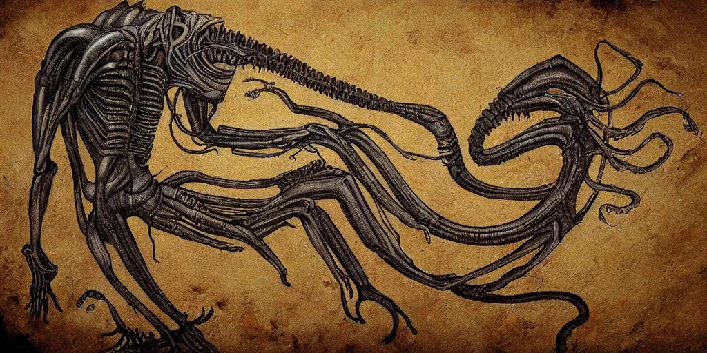 Prompt: xenomorph in the style of HR Giger, color cave painting