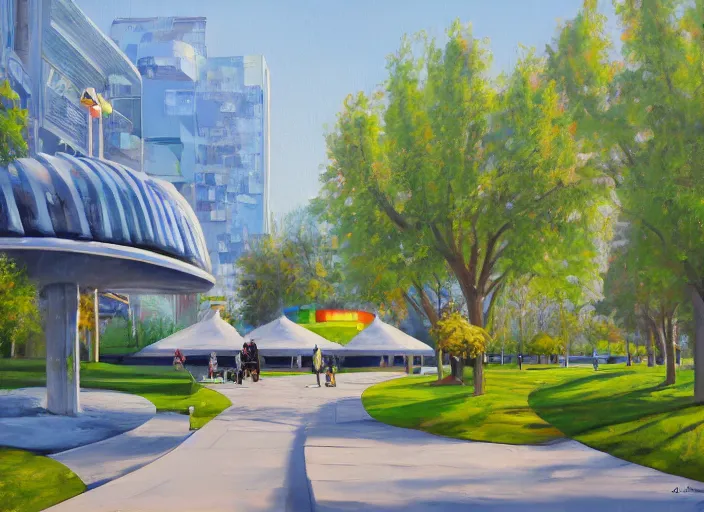 Image similar to bright beautiful oil painting of a futuristic city park by Alexander Labas