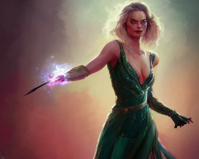 Image similar to margot robbie as a beautiful magician casting colorful spells, fantasy art, in the style of greg rutkowski, illustration, epic art, fantasy, intricate, elgant, amazing detail, digital painting, artstation, concept art, smooth, sharp focus