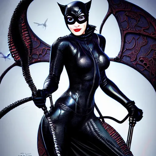 Prompt: hyper - realistic + photorealistic render with very extreme intricate details, of catwoman, dc comics, in the style of final + fantasy 1 5, large red scythe on back, silver eyes!!, digital game - art by ross tran, movie composition by sana takeda, dramatic cinematic lighting by greg rutkowski