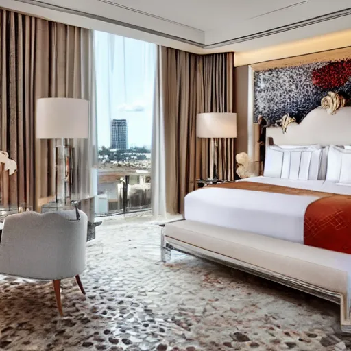 Image similar to bedroom at extremely expensive hotel in miami. high - fashion boutique hotel. dramatic art. detailed beautiful photography.