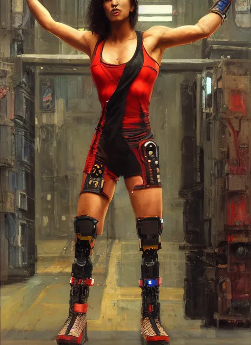 Prompt: buff cyberpunk olympic kickboxer with robotic legs wearing a jumpsuit ( blade runner 2 0 4 9, cyberpunk 2 0 7 7 ). orientalist portrait by john william waterhouse and james gurney and theodore ralli and nasreddine dinet, oil on canvas. cinematic, hyper realism, realistic proportions, dramatic lighting, high detail 4 k