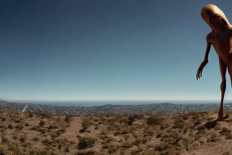 Image similar to cinematography of giant alien on Santa Monica peer By Emmanuel Lubezki