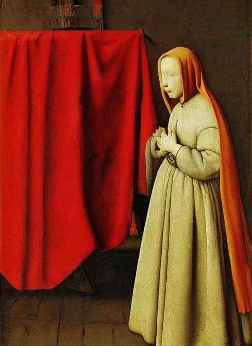 Prompt: red cloth and red shoes, medieval painting by jan van eyck, johannes vermeer