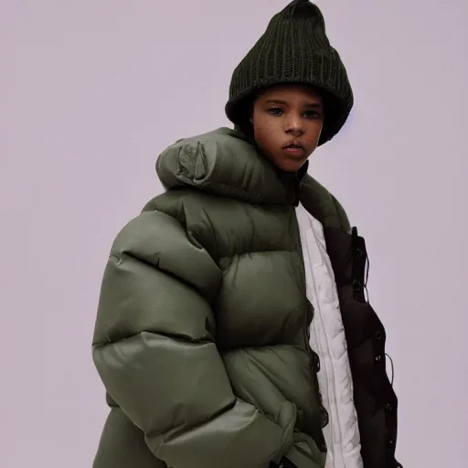 Image similar to realistic photoshooting for a new acne studio lookbook, color film photography, close up, model is wearing a puffer jacket, photo of a woman, photo in style of tyler mitchell, 3 5 mm, vetements, balenciaga, commes des garcon