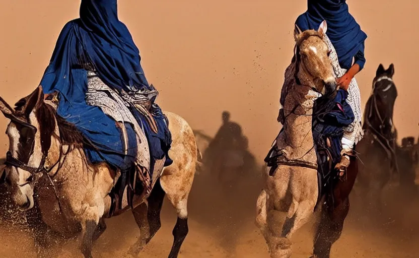 Prompt: beautiful burqa's woman, riding a horse!!! in saharan, sharp eyes, perfect dynamic posture, dust, cinematic, perfect dynamic pose, pinterest,, very perfect position, award winning photo by national geographic