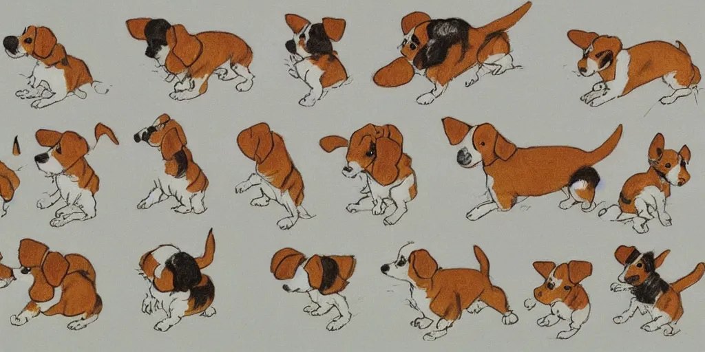 Image similar to jack russel dog, sprite sheet illustrated by peggy fortnum and beatrix potter and sir john tenniel