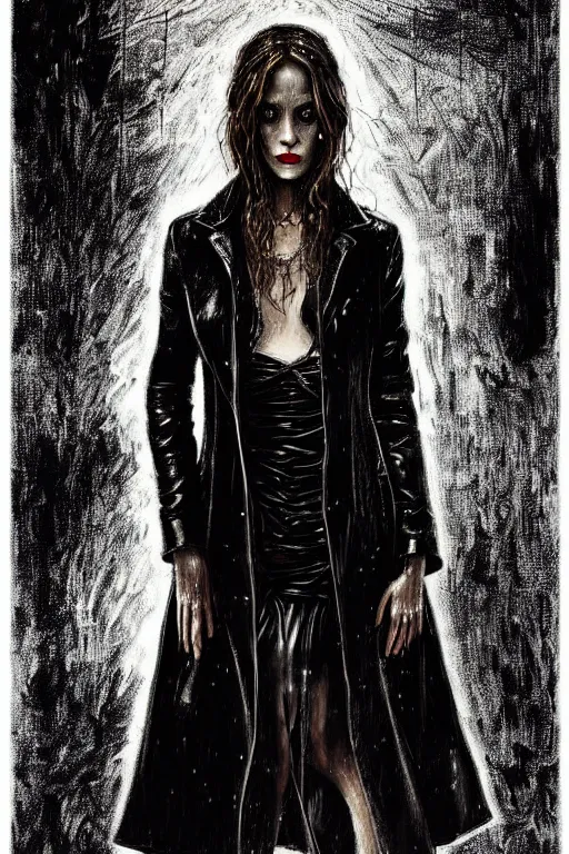 Prompt: dreamy gothic girl, black leather slim coat, rainy mirror, beautiful woman body, detailed acrylic, grunge, intricate complexity, by dan mumford and by alberto giacometti, peter lindbergh