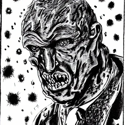 Image similar to a Pop Wonder scary horror themed goofy-hilarious-swamp-bog-monster-spaced-out-dead-head-with-space-in-his-oraphus, 3-piece-suit, dime-store-comic drawn with charcoal and pen and ink, half-tone-line-stacking