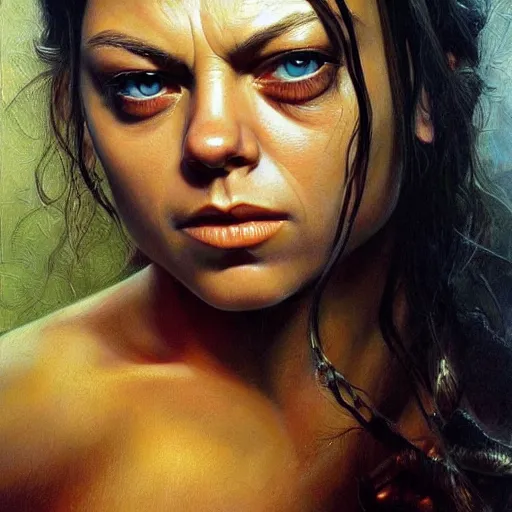 Prompt: detailed portrait of mila kunis as gollum from lord of the rings intricate, hyper detailed, realistic, oil painting, by julie bell, frank frazetta, cinematic lighting