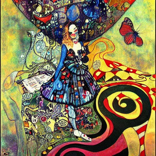 Image similar to alice in wonderland tripping on lsd, intricate detail, painting, jazz age, klimt, miro, royo, frazetta, whealan,