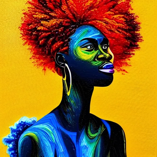 Prompt: beautiful african model portait made of colored gouache impasto color swirls and vibrant colored smoke explosion puffs