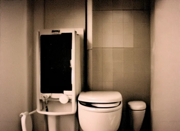 Image similar to high detail toilet kodak expired film underexposed film broken lens grain light leak negative exposure