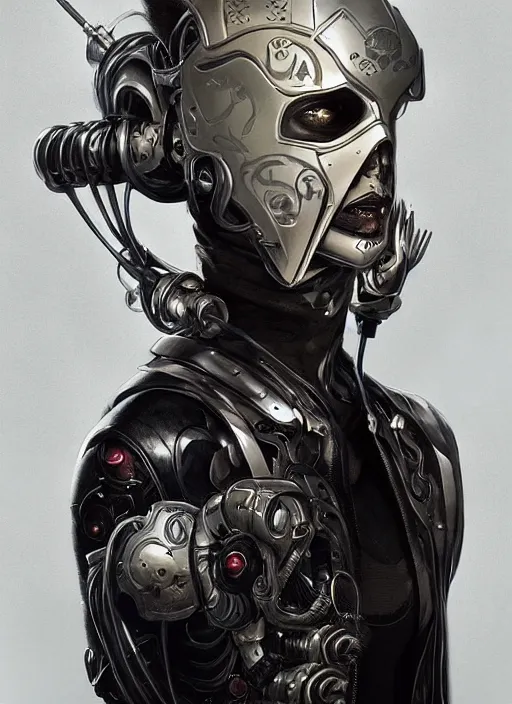 Image similar to a cyborg with mask, black leather garment with art nouveau ivory accessories, cyberpunk, darksynth, luxury, concept art by jama jurabaev, extremely detailed, ominous, ethereal, artstation, andree wallin, edvige faini, balaskas, alphonse mucha