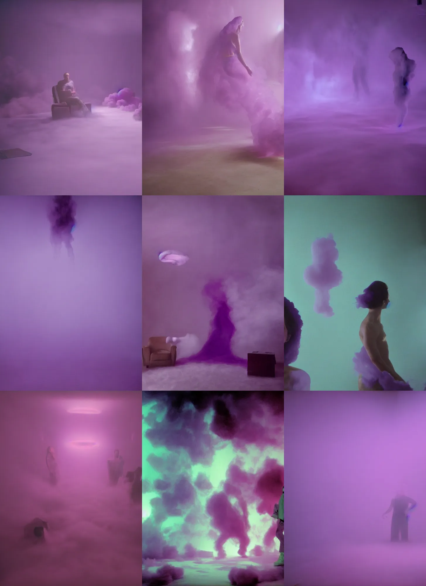 Prompt: cinestill of a giant form made of purple wax float through the living room and purple foam fog film still from the movie directed by david lynch with art direction, 8 k, hd, high resolution, depth field 3 5 mm, f / 3 2, ultra realistic faces, lost highway