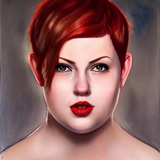 Prompt: beautiful oil painting of a fat woman with a red pixie cut, beautiful eyes, cute fact, volumetric lights, highly detailed, concept art, sharp focus, beautiful face