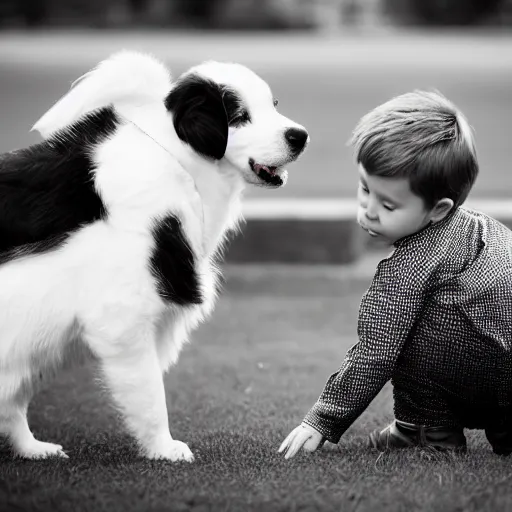 Image similar to a short young looking guy playing with his black and white dog