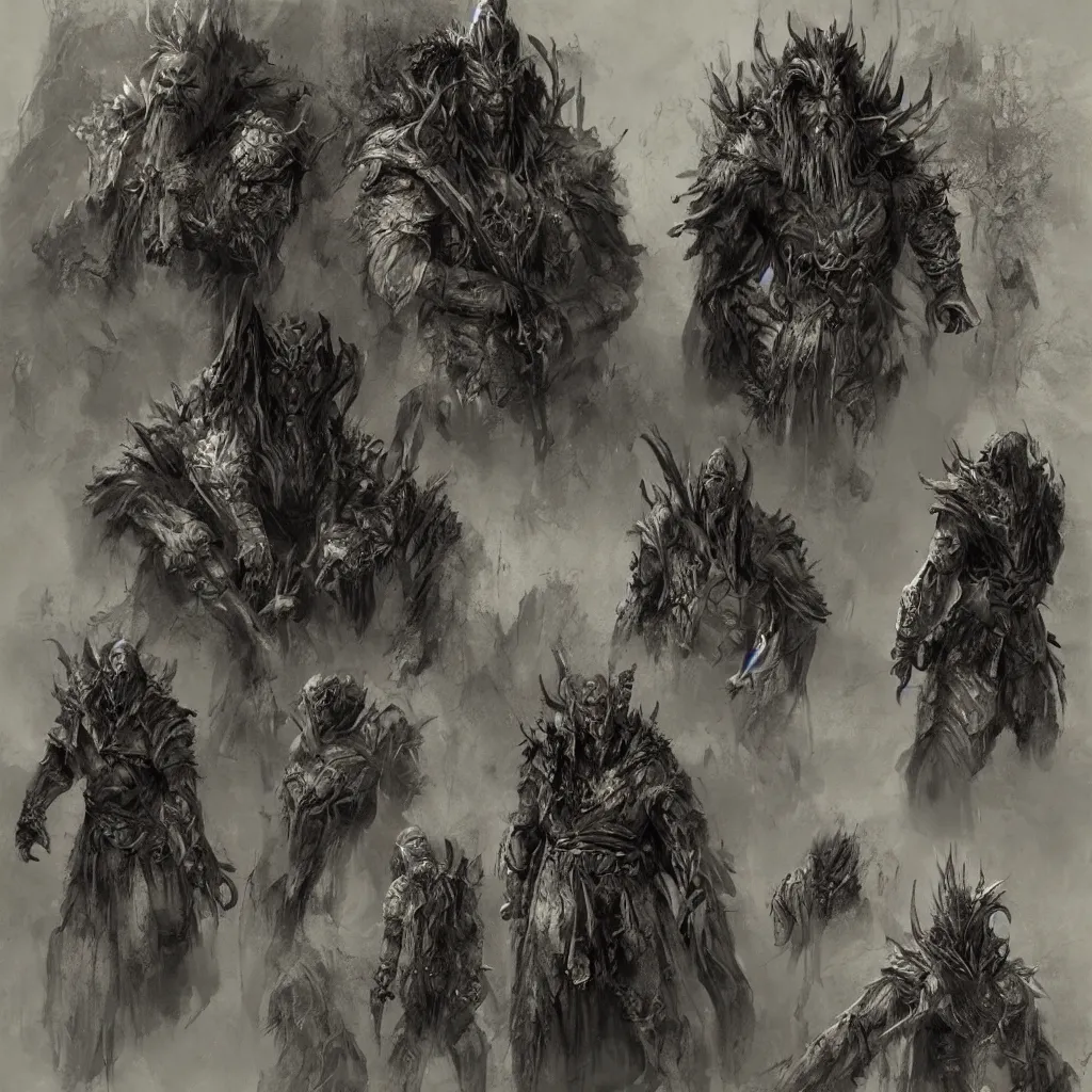 Image similar to feral chieftain charector concept sheet, beksinski, ruan jia, the hobbit orc concept, dark soul concept