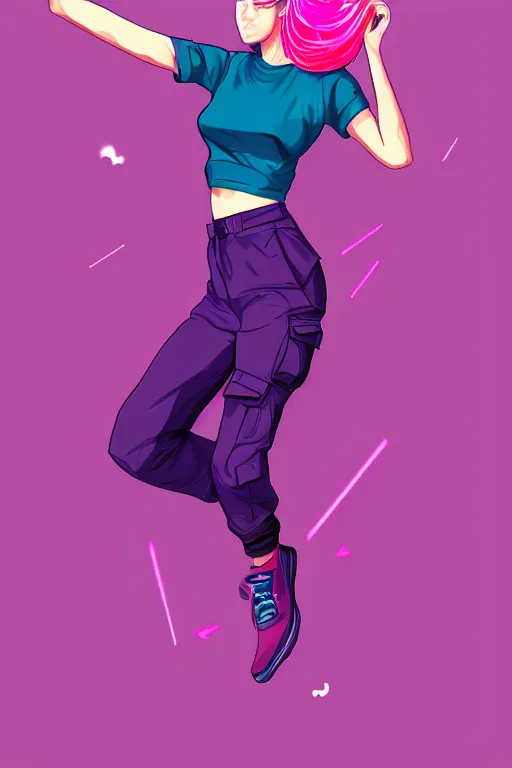 Image similar to a award winning half body porttrait of a beautiful woman in a croptop and cargo pants with ombre purple pink teal hairstyle with head in motion and hair flying, outrun, vaporware, shaded flat illustration, digital art, trending on artstation, highly detailed, fine detail, intricate