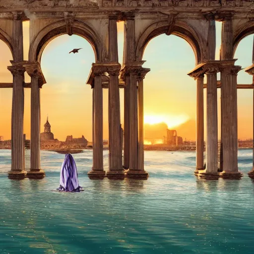 Image similar to A woman wrapped in billowing veils, ankle-deep in water under an archway with two gilded Roman columns made of human bones, sunset, super photo-realistic, detailed, 4k