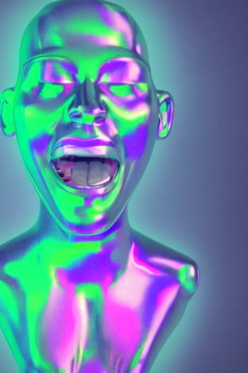 Image similar to 3d render of holographic angry human robotic screaming angry bust made of glossy iridescent, screaming, bust, surrealistic 3d illustration of a human non-binary, non binary model, 3d model human, cryengine, made of holographic texture, holographic material, holographic rainbow, concept of cyborg and artificial intelligence