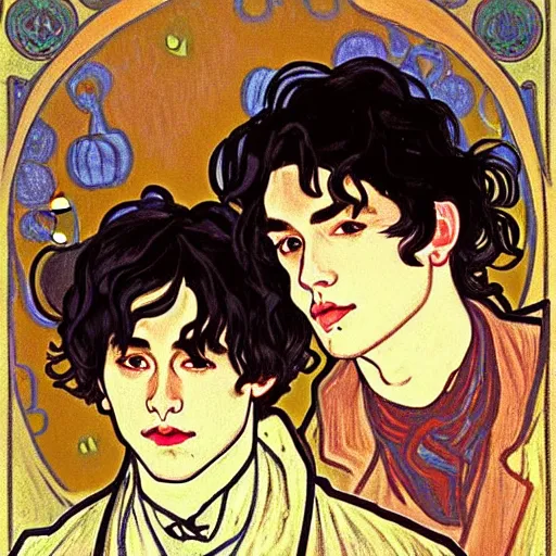 Image similar to painting of young cute handsome beautiful dark medium wavy hair man in his 2 0 s named shadow taehyung and cute handsome beautiful min - jun together at the halloween party, bubbling cauldron, candles, smoke, tarot, autumn colors, elegant, stylized, soft facial features, delicate facial features, art by alphonse mucha, vincent van gogh, egon schiele