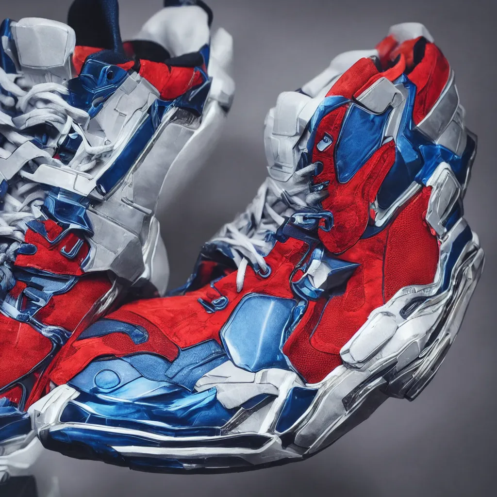 Prompt: a futuristic sneaker inspired by optimus prime, product photo, high detail, nikon photography