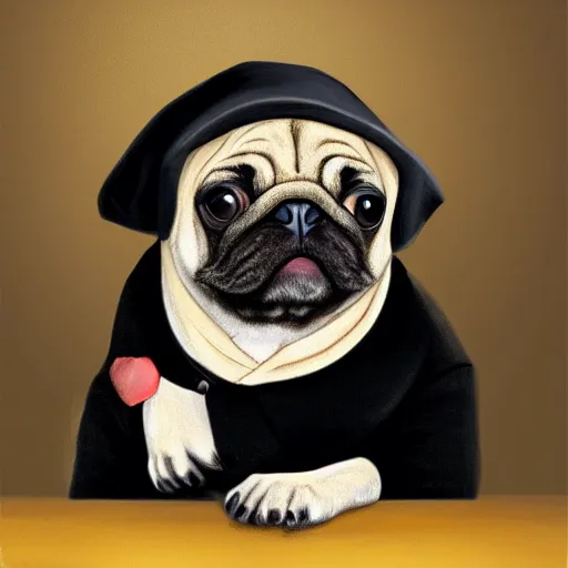 Image similar to a gentleman pug wearing a black jacket and a cap, art station