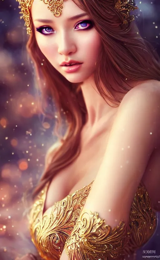 Image similar to a fantasy photo of gorgeous russian female, evening gown, bokeh, medium shot, beautiful face, professionally retouched, soft lighting, realistic, smooth face, perfect eyes, sharp focus, 8 k realistic high definition, insanely detailed, intricate, elegant, art by artgerm and kyoung hwan kim