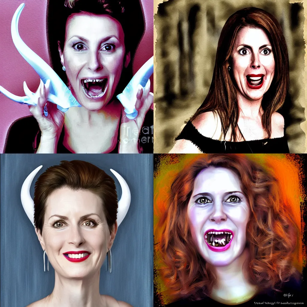 Prompt: portrait of diane neal with nevil horns and large fangs, scary portrait, digital art