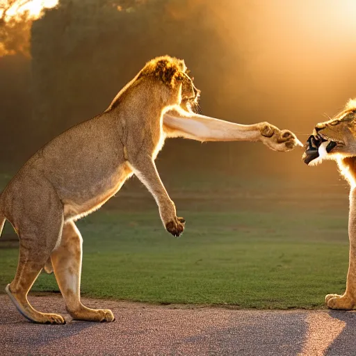 Image similar to lion slap boxing a kangaroo, savannah, national geographic, golden hour, 3 5 mm