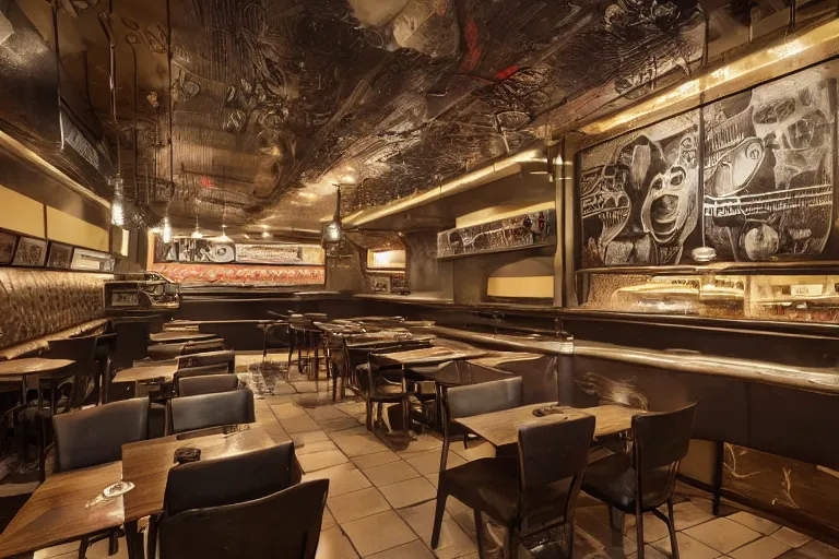 Image similar to a fast food restaurant interior inspired by HR Giger