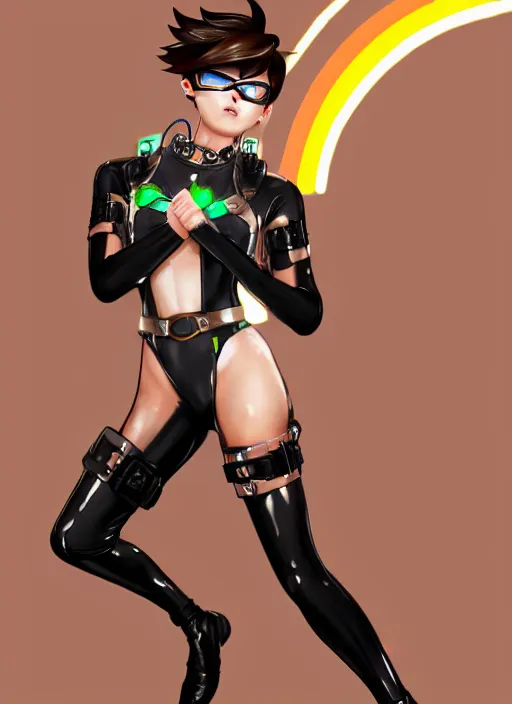 Image similar to full body digital artwork of tracer overwatch, wearing black iridescent rainbow latex swimsuit, 4 k, expressive happy smug expression, makeup, in style of mark arian, wearing detailed black leather collar, wearing chains, black leather harness, leather cuffs around wrists, detailed face and eyes,