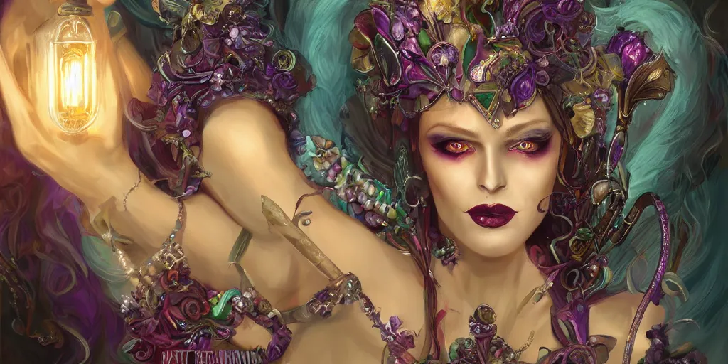 Image similar to beautiful female character inspired by new orleans mardi gras vampire bounty hunter | | digital artwork made by greg rutswork, anna dittmann and lois van barlee, symmetrical rim light, anatomically correct