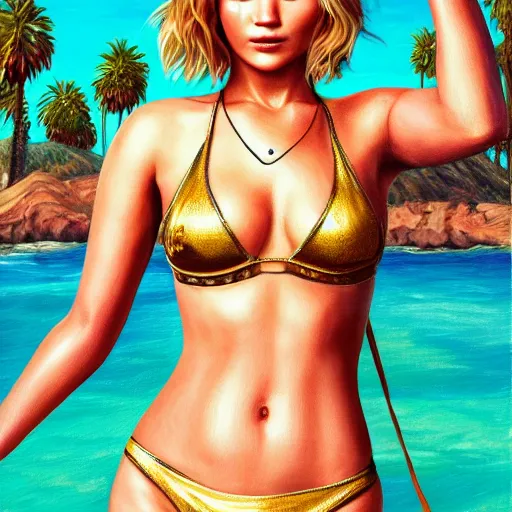 Image similar to highly detailed painting of jennifer lawrence wearing a bikini and a golden retriever, gta 5 cover art style, 8 k, radiant light, detailed and intricate environment, trending on artstation
