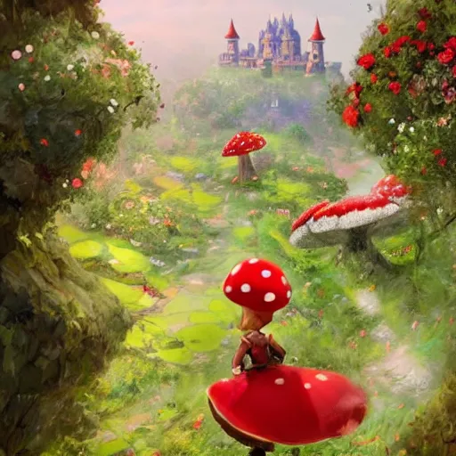 Image similar to portrait of Mario, running up a hill of exotic flowers in the Mushroom Kingdom, giant red and white spotted mushrooms, and roses, from behind, Castle in distance, birds in the sky, sunlight and rays of light shining through trees, beautiful, solarpunk!!!, highly detailed, digital painting by Michael Garmash and Peter Mohrbacher