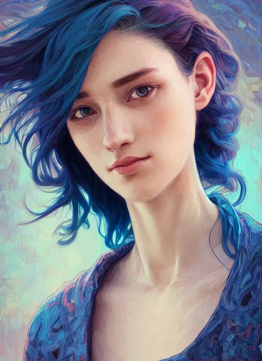 Image similar to handsome young women with shoulder length blue hair, half body shot, path traced, highly detailed, high quality, digital painting, alena aenami, lilia alvarado, shinji aramaki, karol bak, alphonse mucha, tom bagshaw