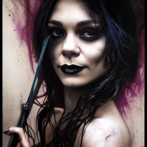 Image similar to beautiful portrait of vanessa hudgens as death from sandman, smiling, by cedric peyravernay, alphonse mucha, by jeremy mann, by lecouffe deharme, goth chic, soft lightning, eyeliner, punk rock, high detailed, 8 k