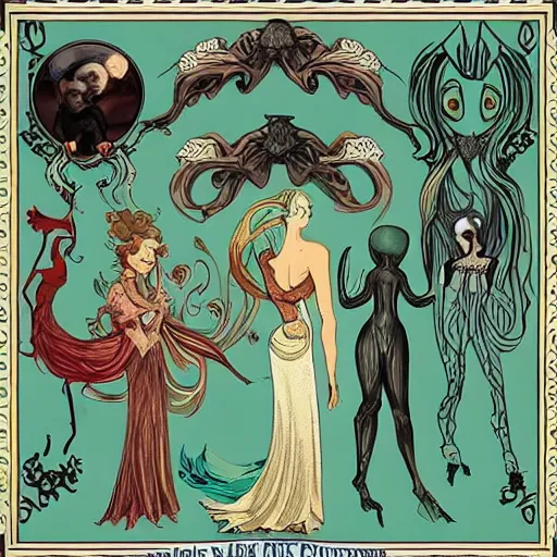 Prompt: artnouveau mythical scary creatures of layers of fear