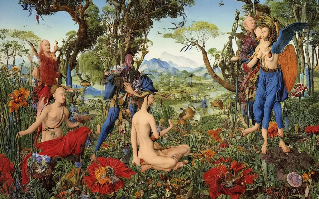 Prompt: a portrait photograph of a meditating harpy and a centaur king hunting tropical animals at a wide river delta. surrounded by bulbous flowers, animals, trees and mushrooms. mountain range under a vast blue sky of burning stars. painted by jan van eyck, max ernst, ernst haeckel and artgerm, cgsociety, artstation, fashion editorial