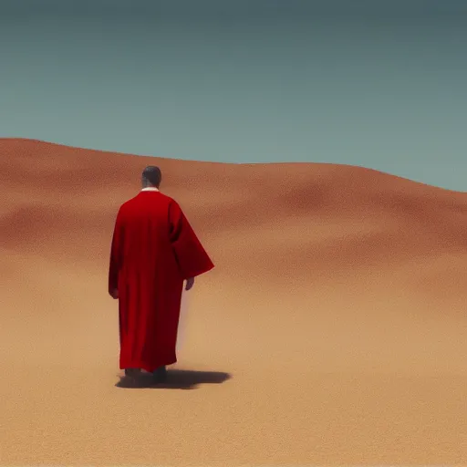 Prompt: a priest wearing red robes walking in a desert, sunny weather, gerhard richter, rendered in octane, realistic, 8 k, vivid, intricate, detailed