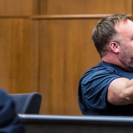 Prompt: Alex Jones desperately reaching for his out of reach phone in the courtroom, EOS 5DS R, ISO100, f/8, 1/125, 84mm, RAW, sharpen, unblur