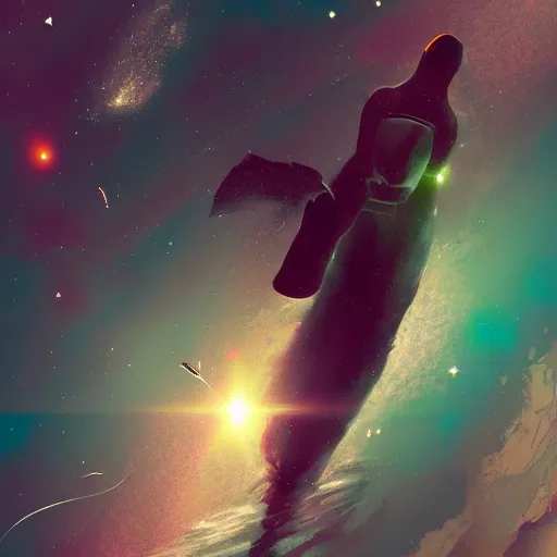 Image similar to a diver swimming through the universe, colliding galaxies, artstation