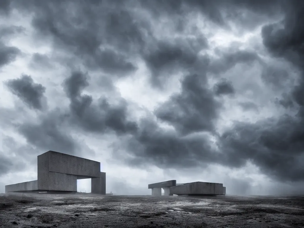 Image similar to photo of a brutalist building in the middle of a storm. realistic clouds that resemble levitating large rocks. impressive, magical, very atmospheric, fog, cinematic, deep, very high complexity, stunning, dramatic masterpiece, iridescent, chiaroscuro, romantism, very detailed. 4 k