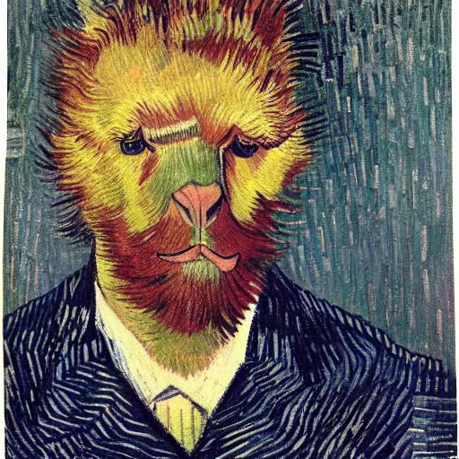 Image similar to a illustration of half portrait of a man with a alpaca's head in suit, symmetrical facial features, dark background, by vincent van gogh.