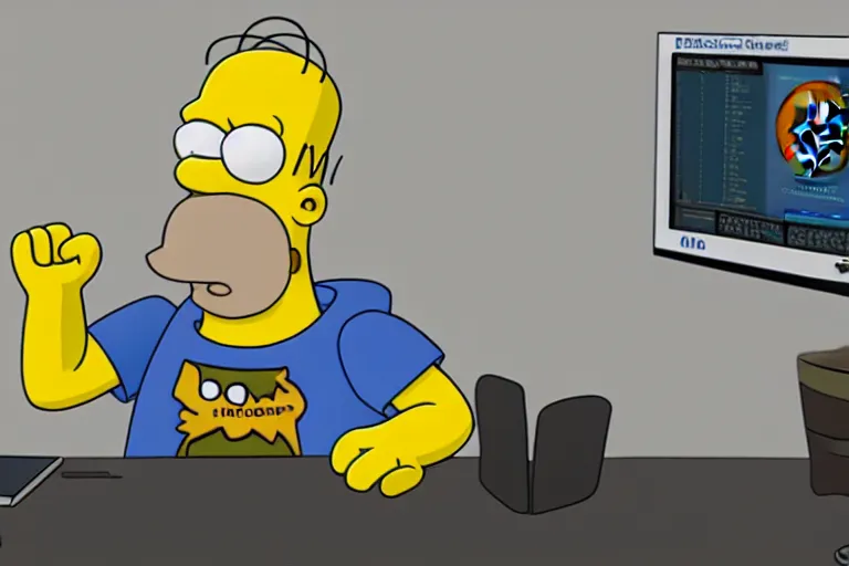 Image similar to Homer Simpson sits at the office table and monitors the fall of Bitcoin and is angry, 3d, CryEngine, 8k, hyperrealism