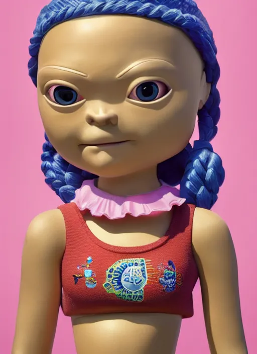 Image similar to closeup profile portrait of tin toy greta thunberg wearing a bikini, depth of field, zeiss lens, detailed, symmetrical, centered, fashion photoshoot, by nicoletta ceccoli, mark ryden, lostfish, breathtaking, 8 k resolution, extremely detailed, beautiful, establishing shot, artistic, hyperrealistic, octane render