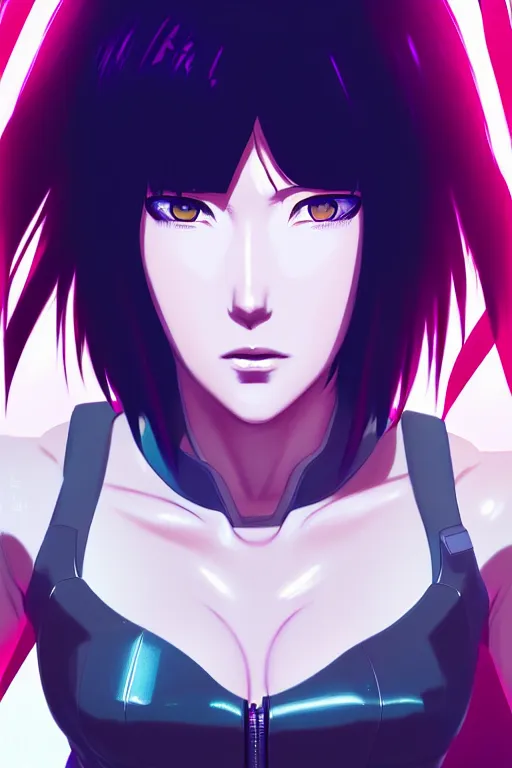 Image similar to a still fullbody portrait of motoko kusanagi ghost in the shell, finely detailed features, closeup at the faces, perfect art, at a cyberpunk city, gapmoe yandere grimdark, trending on pixiv fanbox, by ilya kuvshinov, rossdraws, artgerm