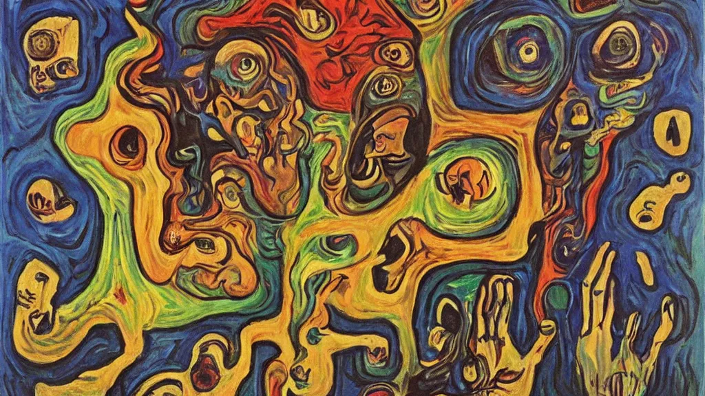 Image similar to psycho-n-autistic totem worshipping, 4K, Symbolism, colorized, by collaboration of Salvador Dali, Van Gogh and M. C. Escher