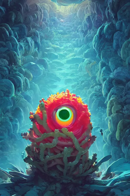 Image similar to roots cactus sushi cristal smurf ghost creature animal sushi cristal very big eye roots cactus elemental flush of force nature micro world fluo fishscale, behance hd by jesper ejsing, by rhads, makoto shinkai and lois van baarle, ilya kuvshinov, rossdraws radiating a glowing aura global illumination ray tracing hdr